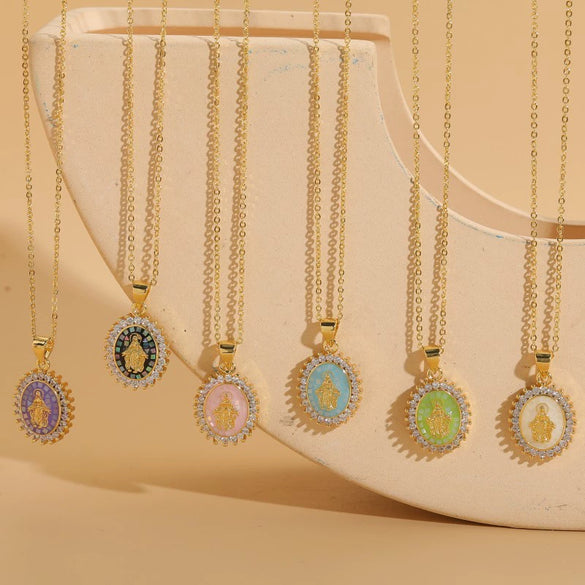 Wholesale Copper Geometric Oval Pendant Necklace With Mixed Gem Inlay And Ochain For Women