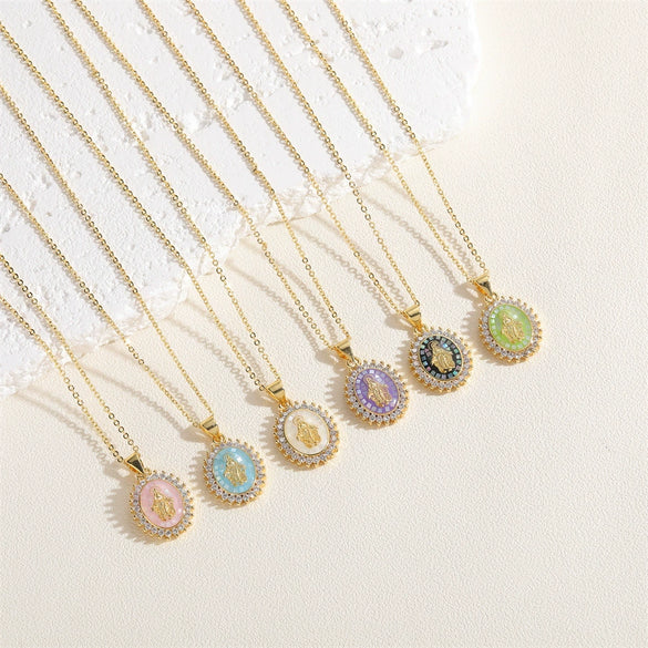 Wholesale Copper Geometric Oval Pendant Necklace With Mixed Gem Inlay And Ochain For Women