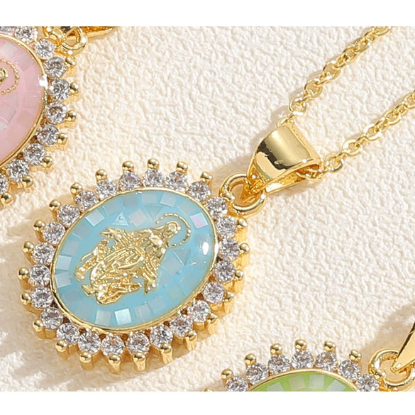 Wholesale Copper Geometric Oval Pendant Necklace With Mixed Gem Inlay And Ochain For Women