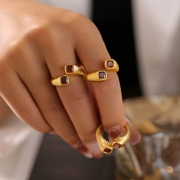 Wholesale Copper Geometric Red Zircon Ring Electroplated For Women Retro Light Luxury Style