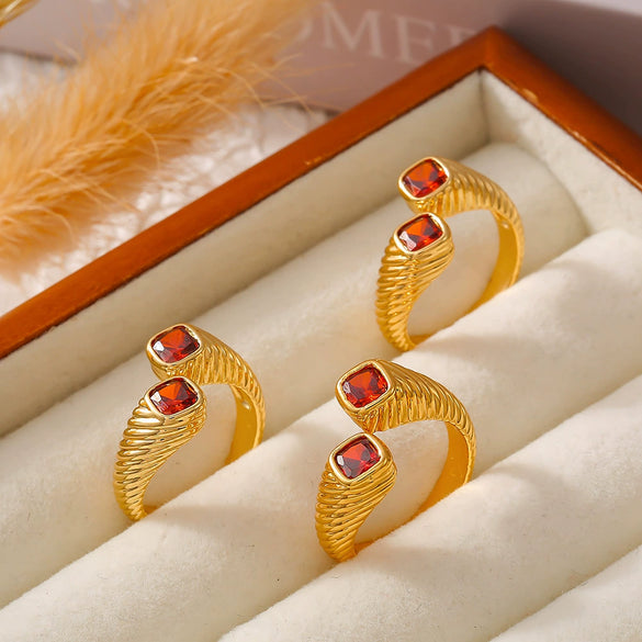 Wholesale Copper Geometric Red Zircon Ring Electroplated For Women Retro Light Luxury Style