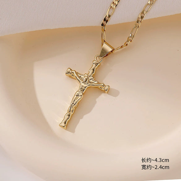 Wholesale Copper Geometric Retro Cross Pendant Necklace 18K Gold Plated Hip Hop Style