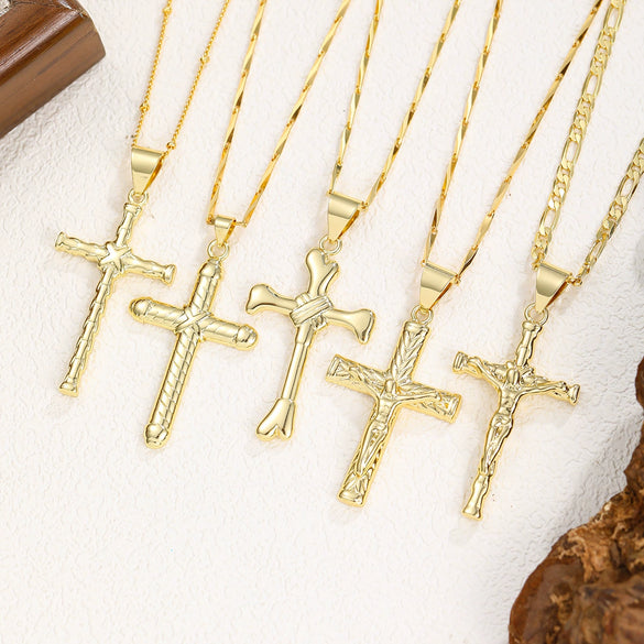 Wholesale Copper Geometric Retro Cross Pendant Necklace 18K Gold Plated Hip Hop Style