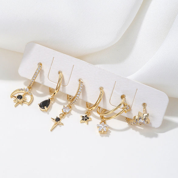 Wholesale Copper Geometric Star Inlaid Zircon Water Drop Women's Earrings Sixpiece Set