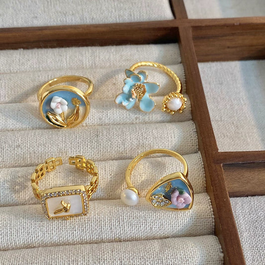 Wholesale Copper Geometric Style Ring With Oil Painting And Drop Glaze Flower Electroplated For Women