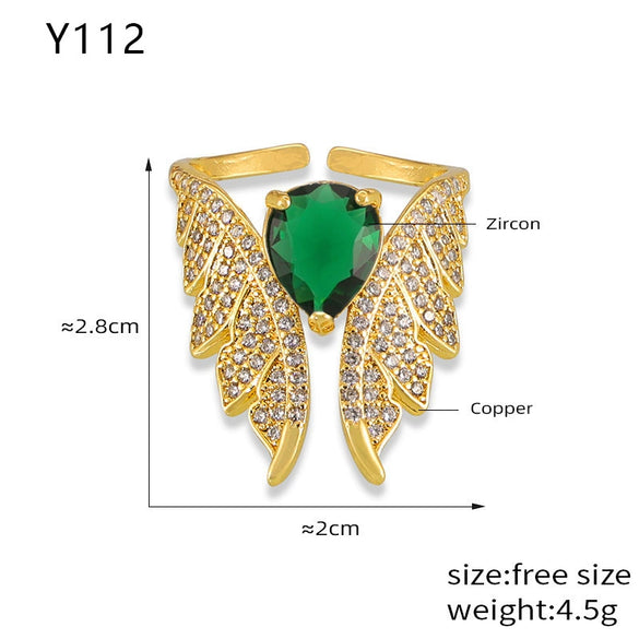 Wholesale Copper Geometric Wings Inlaid Zircon Ring Electroplated Design Unisex Finger Ring Accessories