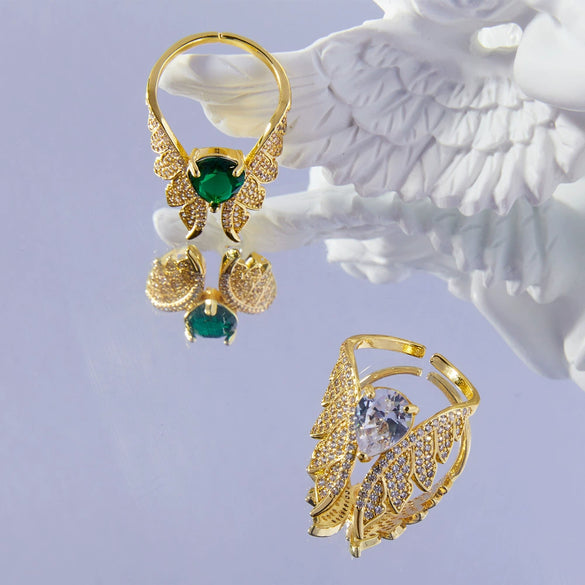 Wholesale Copper Geometric Wings Inlaid Zircon Ring Electroplated Design Unisex Finger Ring Accessories