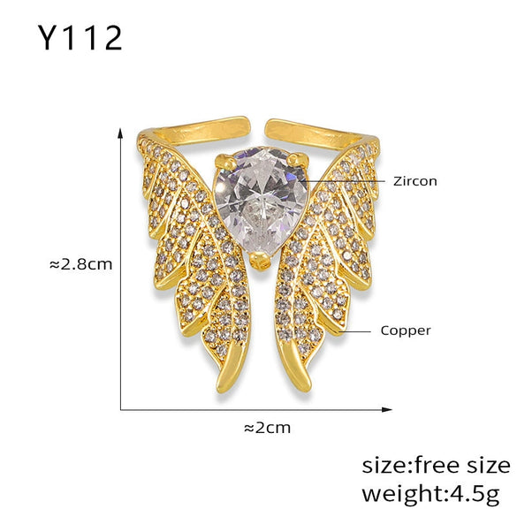 Wholesale Copper Geometric Wings Inlaid Zircon Ring Electroplated Design Unisex Finger Ring Accessories