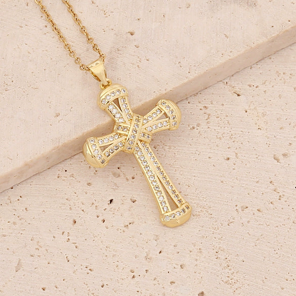 Wholesale Copper Gold Inlaid Zircon Cross Pendant Necklace For Women