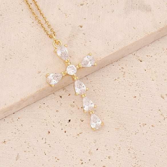 Wholesale Copper Gold Inlaid Zircon Cross Pendant Necklace For Women
