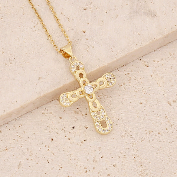 Wholesale Copper Gold Inlaid Zircon Cross Pendant Necklace For Women