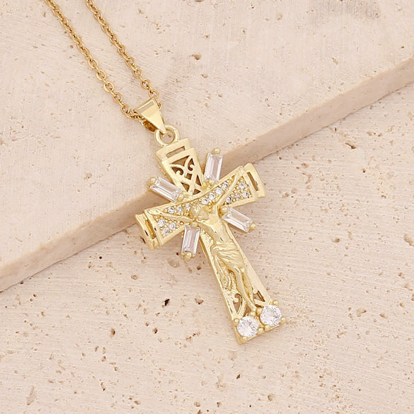 Wholesale Copper Gold Inlaid Zircon Cross Pendant Necklace For Women
