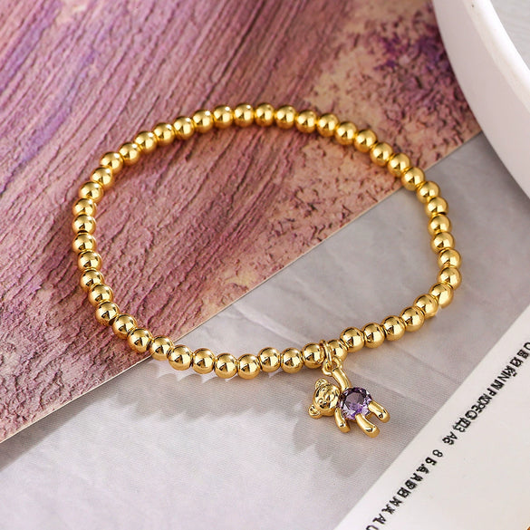 Wholesale Copper Gold Plated Zircon Bear Pendant Copper Bead Bracelet For Women With Geometric Design And Micro Inlay