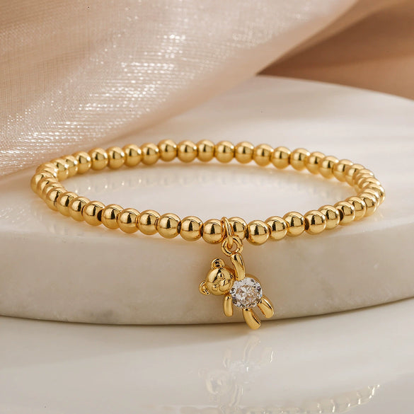 Wholesale Copper Gold Plated Zircon Bear Pendant Copper Bead Bracelet For Women With Geometric Design And Micro Inlay