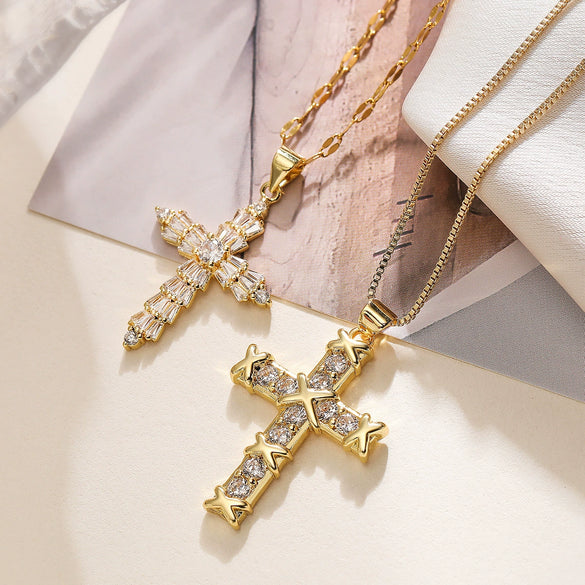 Wholesale Copper Gold Plated Zircon Cross Pendant Necklace Geometric Style For Female