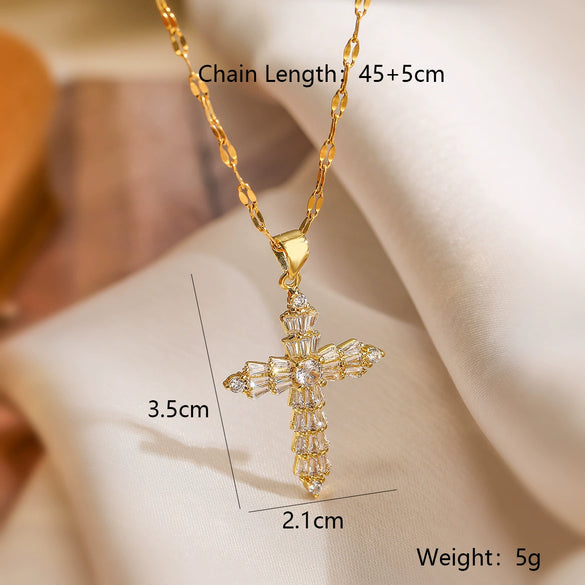 Wholesale Copper Gold Plated Zircon Cross Pendant Necklace Geometric Style For Female