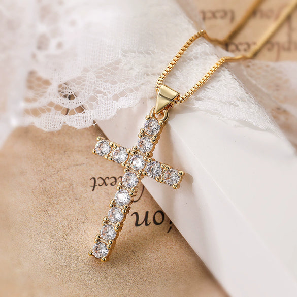 Wholesale Copper Gold Plated Zircon Cross Pendant Necklace Geometric Style For Female