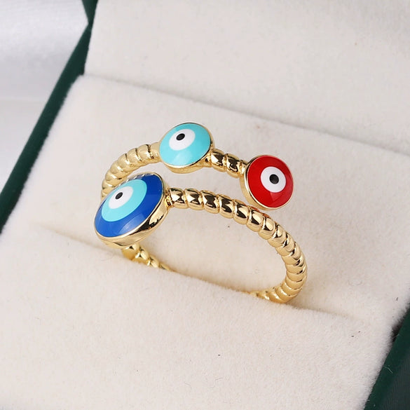 Wholesale Copper Goldplated Geometric Devil's Eye Ring With Electroplating Process