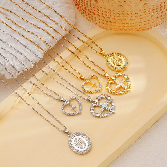 Wholesale Copper Goldplated Geometric Micropaved Zircon Cross Women's Light Luxury O Chain Necklace