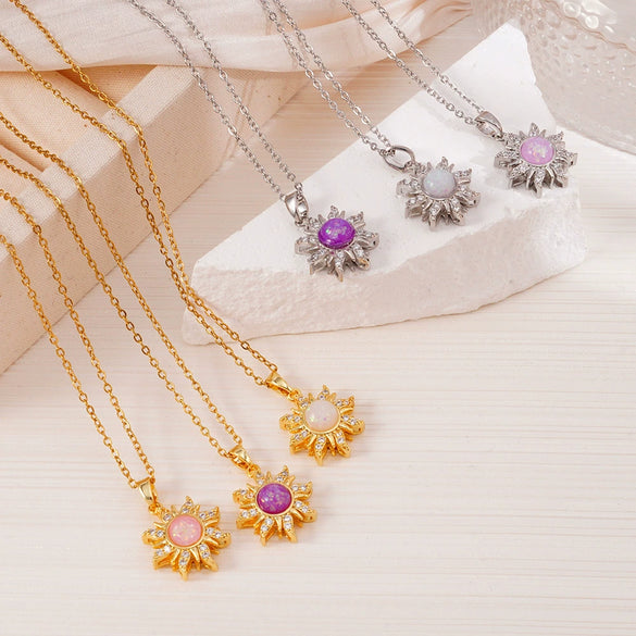 Wholesale Copper Goldplated Geometric Pendant Necklace With Mixed Gemstone Setting For Women Light Luxury Minimalist Style O Word Chain Electroplating Process