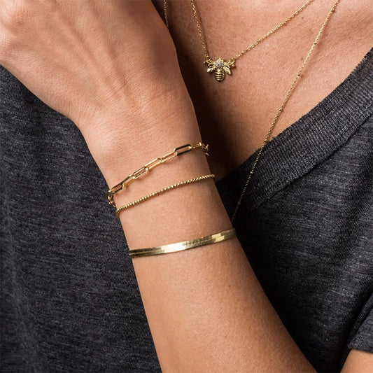 Wholesale Copper Goldplated Geometric Snake Chain Ball Chain Paper Clip Women's Hand Jewelry Set