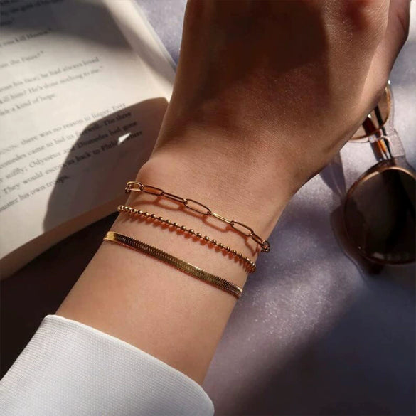 Wholesale Copper Goldplated Geometric Snake Chain Ball Chain Paper Clip Women's Hand Jewelry Set