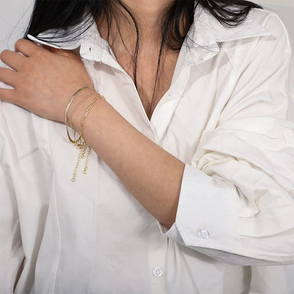 Wholesale Copper Goldplated Geometric Snake Chain Ball Chain Paper Clip Women's Hand Jewelry Set