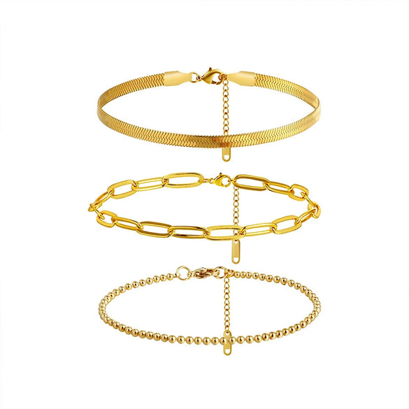 Wholesale Copper Goldplated Geometric Snake Chain Ball Chain Paper Clip Women's Hand Jewelry Set