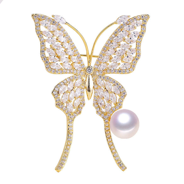 Wholesale Copper Goldplated Zircon Butterfly Pearl Brooch With Natural Freshwater Pearls Simple Animal Style
