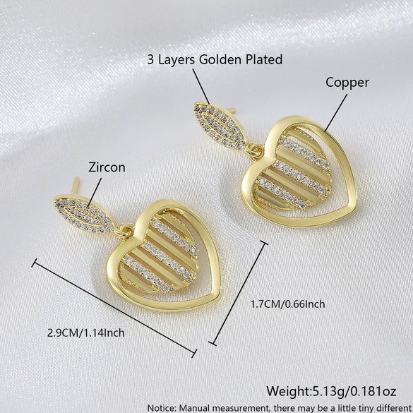 Wholesale Copper Heart Shape Electroplated Women's Diamondstudded Earrings