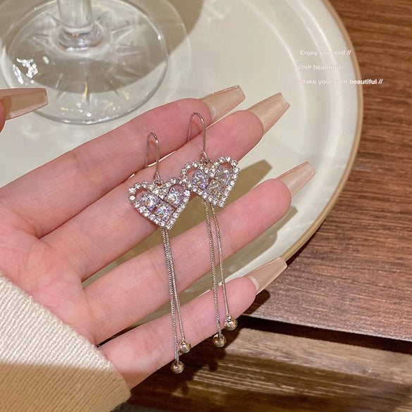Wholesale Copper Heart Shape Zirconia Light Luxury Tassel Earrings For Women
