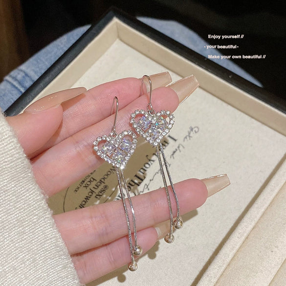 Wholesale Copper Heart Shape Zirconia Light Luxury Tassel Earrings For Women