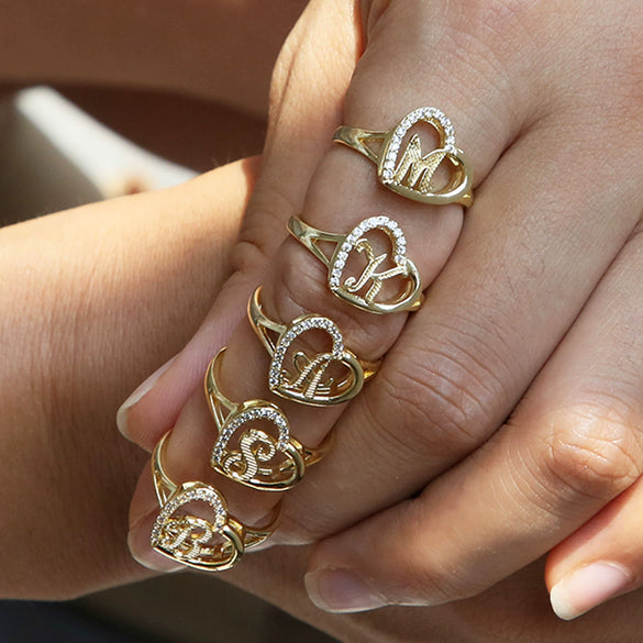 Wholesale Copper Heart Shaped Love Texture Hollow Ring With English Letters Electroplated For Women
