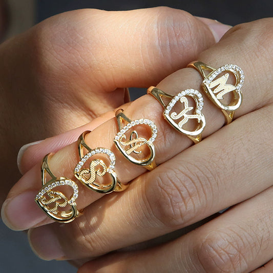 Wholesale Copper Heart Shaped Love Texture Hollow Ring With English Letters Electroplated For Women