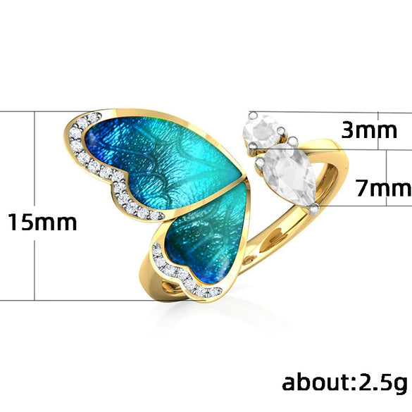 Wholesale Copper Hiphop Style Butterfly Wings Ring With Zircon Design And Adjustable Opening