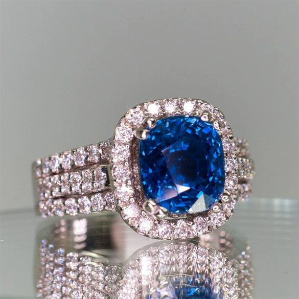 Wholesale Copper Inlaid Blue Zircon Geometric Ring For Women