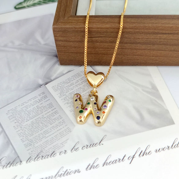 Wholesale Copper Inlaid Color Zircon Love Glossy Letter Pendant Ladies Necklace With Letters Pattern