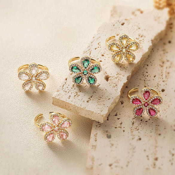 Wholesale Copper Inlaid Colored Diamond Flower Petal Ring For Women Light Luxury Style With Zirconia