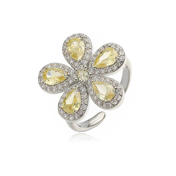 Wholesale Copper Inlaid Colored Diamond Flower Petal Ring For Women Light Luxury Style With Zirconia