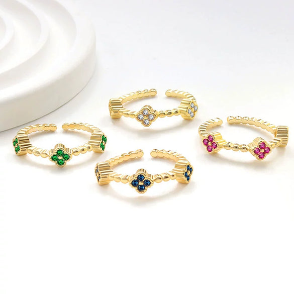 Wholesale Copper Inlaid Colored Diamond Geometric Flower Petal Fourleaf Clover Open Adjustable Women's Ring With Electroplating