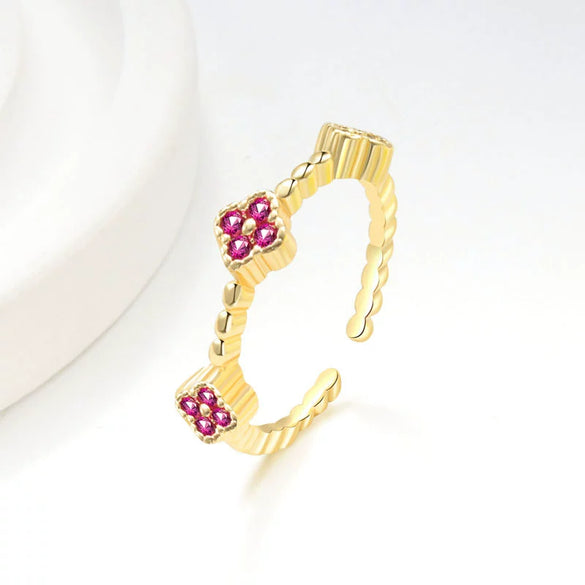 Wholesale Copper Inlaid Colored Diamond Geometric Flower Petal Fourleaf Clover Open Adjustable Women's Ring With Electroplating