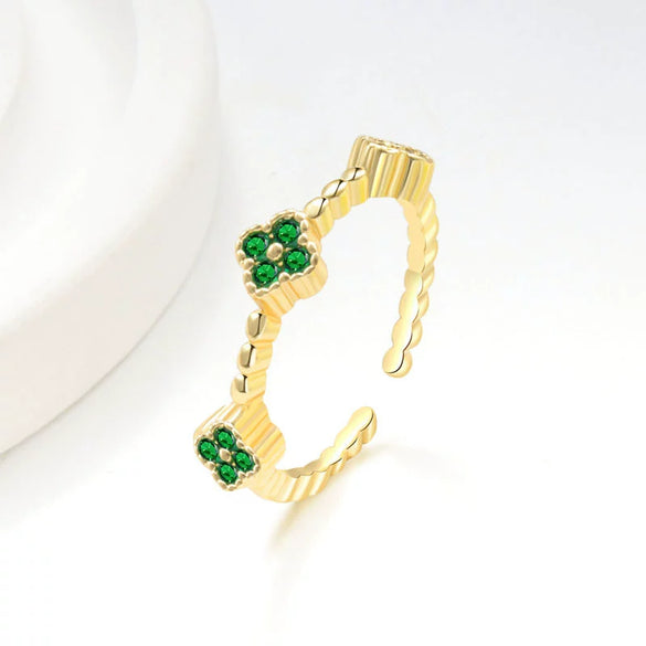 Wholesale Copper Inlaid Colored Diamond Geometric Flower Petal Fourleaf Clover Open Adjustable Women's Ring With Electroplating