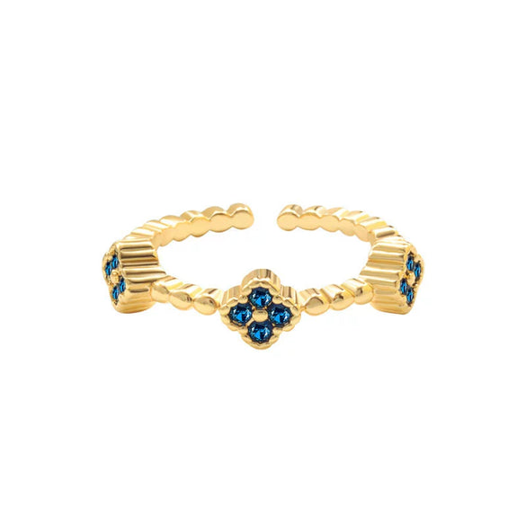 Wholesale Copper Inlaid Colored Diamond Geometric Flower Petal Fourleaf Clover Open Adjustable Women's Ring With Electroplating