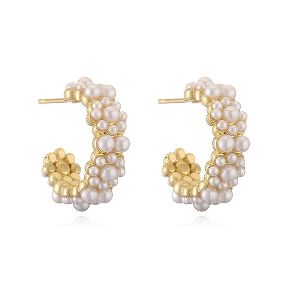 Wholesale Copper Inlaid Pearl Flower Petal And Geometric C Shaped Women's Earrings