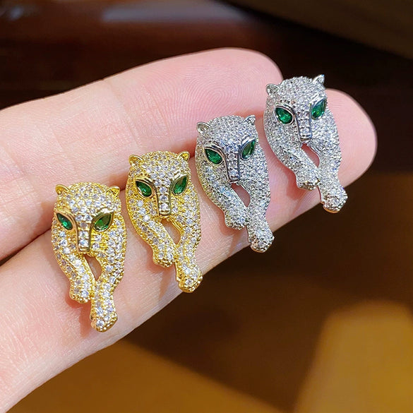 Wholesale Copper Inlaid Zircon Animal Hiphop Cheetah Leopard Head Lying Down Electroplated Earrings For Men