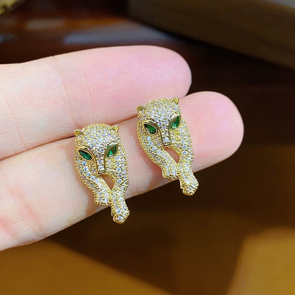 Wholesale Copper Inlaid Zircon Animal Hiphop Cheetah Leopard Head Lying Down Electroplated Earrings For Men