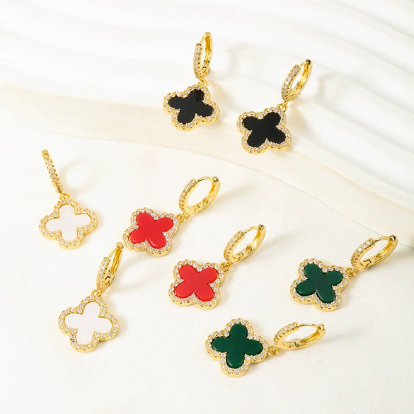 Wholesale Copper Inlaid Zircon Four Leaf Clover Light Luxury Style Women's Earrings