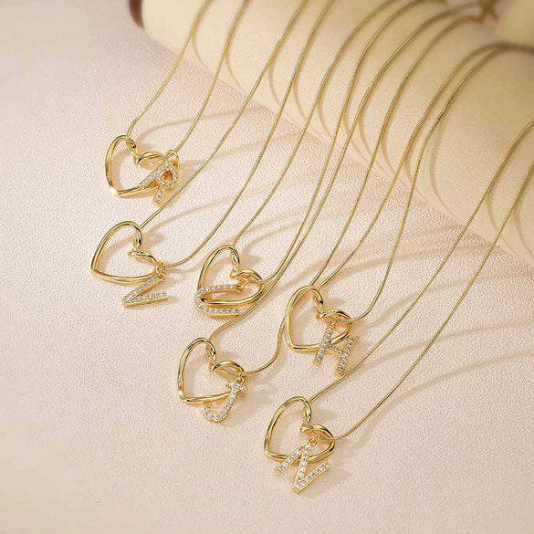 Wholesale Copper Inlaid Zircon Heart And Letter Pendant Necklace With Snake Bone Chain Fashion Style For Women