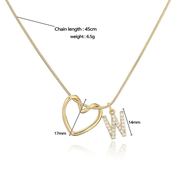 Wholesale Copper Inlaid Zircon Heart And Letter Pendant Necklace With Snake Bone Chain Fashion Style For Women