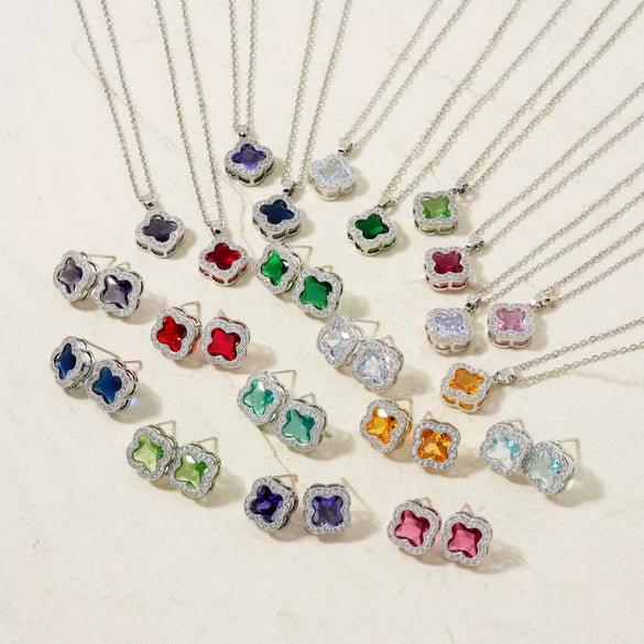 Wholesale Copper Inlaid Zircon Natural Plants And Flowers Style Fourleaf Clover Earrings And Necklace Twopiece Jewelry Set